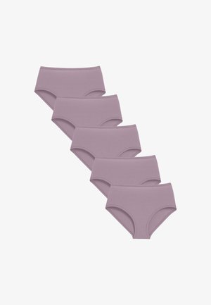 Five pairs of lavender high-waisted panties made from soft fabric, featuring a smooth finish and seamless design for comfort.