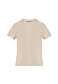 Koszula z krótkim rękawem w jasnym beżu, charakteryzująca się gładką fakturą, starannym szyciem i klasycznym krojem. Bez widocznych wzorów ani akcentów.