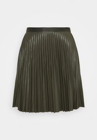 Fodrad kjol i mörk olivgrön, tillverkad av ett glänsande material. Har en bred, slät midjeband och en utsvängd, lager-på-lager design.