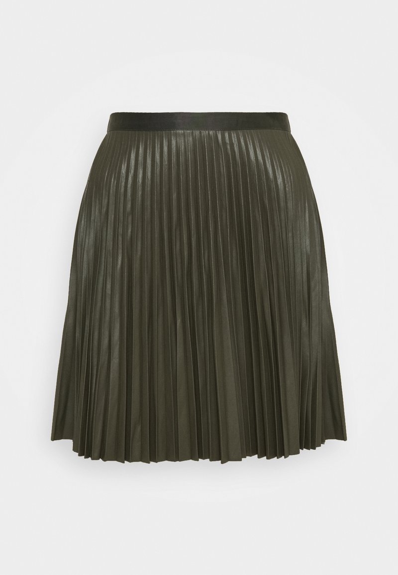 Fodrad kjol i mörk olivgrön, tillverkad av ett glänsande material. Har en bred, slät midjeband och en utsvängd, lager-på-lager design.