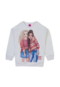 Felpa bianca con un design grafico di due ragazze, una in un maglione rosso e l'altra in una maglia a righe, con le scritte "Candy" e "Deya".