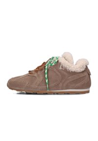 Brown suede sneaker featuring a fluffy cream collar, green and white patterned laces, and a lightweight tan rubber sole.