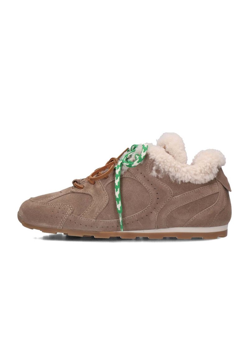 Brown suede sneaker featuring a fluffy cream collar, green and white patterned laces, and a lightweight tan rubber sole.