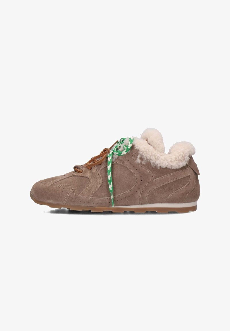 Brown suede sneaker featuring a fluffy cream collar, green and white patterned laces, and a lightweight tan rubber sole.