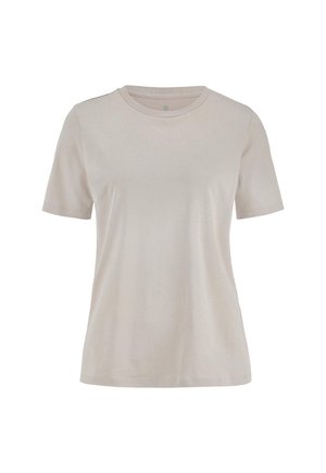 Hellbeiges T-Shirt mit kurzen Ärmeln und Rundhalsausschnitt, locker geschnitten und mit einfachem, nahtlosem Design vor weißem Hintergrund.