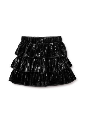 Gonna a strati in velluto nero con paillettes lucide e vita elastica, progettata per un'occasione festiva o una festa.