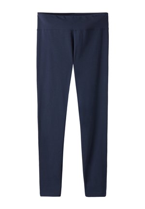Navy blue leggings in stretchy fabric, featuring a wide, elastic waistband and a smooth texture, with a fitted cut down to the ankle.