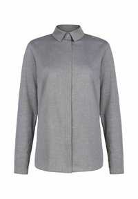Lys grå langærmet skjorte med spids krave, knaplukning og en glat stofstruktur. Designet er enkelt og struktureret.