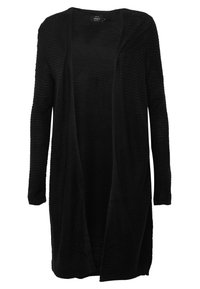 Cardigan noir ouvert sur l'avant, manches longues, texture côtelée, tissu en maille léger, longueur jusqu'aux genoux, sans fermetures ni ornements.