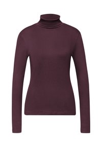 Maglietta a maniche lunghe bordeaux con colletto a dolcevita realizzata in tessuto morbido e elastico, caratterizzata da un design aderente e una texture a coste.