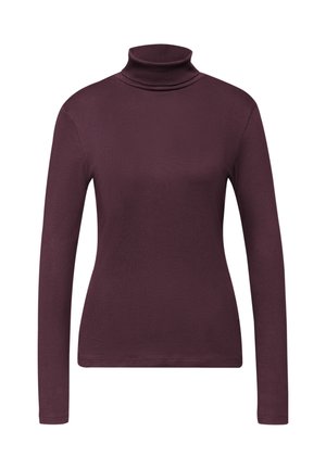 Camisa de cuello alto de manga larga en burdeos, hecha de una tela suave y elástica, con un diseño ajustado y textura acanalada.