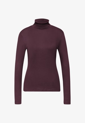 Camisa de cuello alto de manga larga en burdeos, hecha de una tela suave y elástica, con un diseño ajustado y textura acanalada.