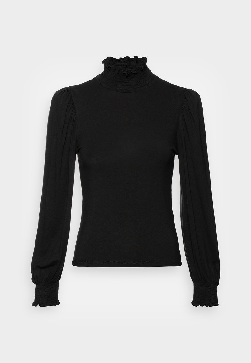 Black long-sleeve top with a high ruffled collar, fitted bodice, and gathered details at the sleeves. Made from a soft, stretchy fabric.