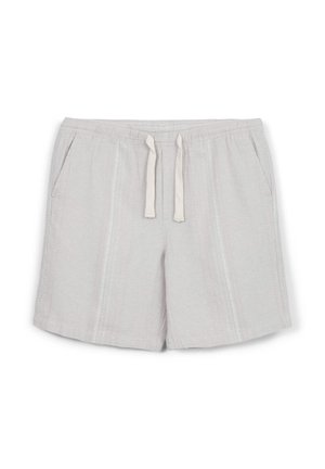Pantaloni corti grigi chiari realizzati in tessuto strutturato, con vita regolabile tramite lacci, due tasche laterali e sottili righe verticali.