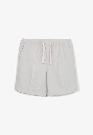 Pantaloni corti grigi chiari realizzati in tessuto strutturato, con vita regolabile tramite lacci, due tasche laterali e sottili righe verticali.