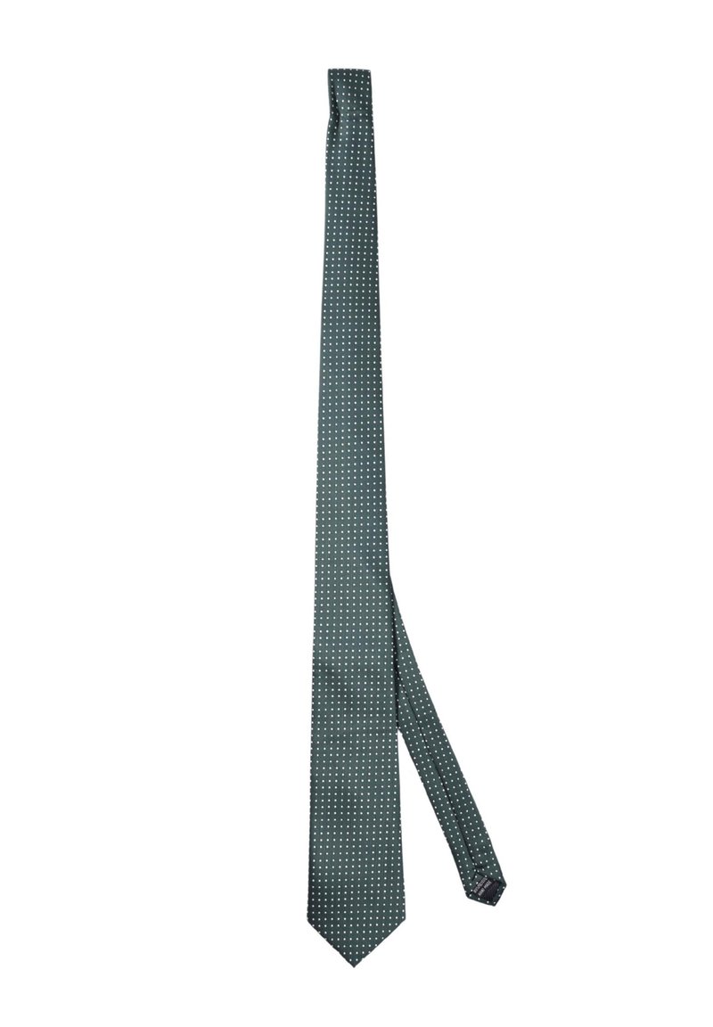 Cravatta verde a fantasia con piccoli punti bianchi, realizzata in un tessuto liscio con un design classico a punta stretta.