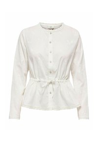 Blouse blanche à manches longues avec un col rond, fermeture à boutons et taille à cordon. Présente des motifs floraux en relief subtils et un ourlet festonné.