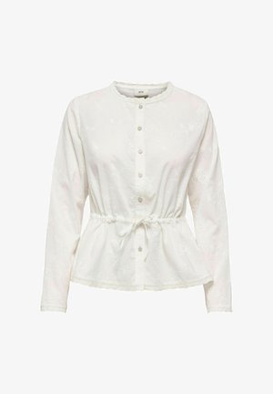 White long-sleeve blouse with a round neck, button closure, and drawstring waist. Features subtle embossed floral patterns and scalloped hem.
