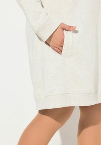Hellgraues Strickkleid aus weichem Stoff, mit langen Ärmeln, einer Seitentasche, gerippten Bündchen und einer lockeren Passform.