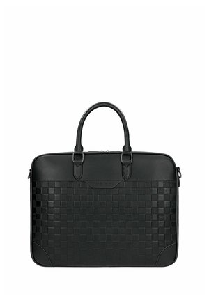 Zwarte leren aktetas met geruit patroon, dubbele handvatten en ritssluiting, ontworpen voor professioneel gebruik.