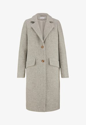 Hellgrauer Wollmantel mit Reverskragen, doppelter Knopfverschluss, zwei Fronttaschen und strukturiertem Silhouette. Weiche Textur.