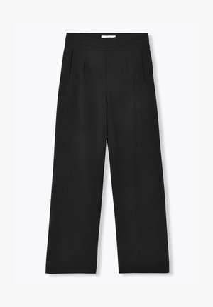 Pantalon noir à jambes larges avec une ceinture ajustée et des poches avant dissimulées, présenté sur un fond blanc.