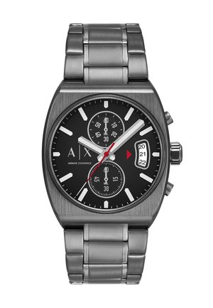 Armani Exchange armbåndsur i rustfrit stål med sort skive, kronografunderdialer, datovisning viser 20-22 og sølvfarvede timeindikatorer.
