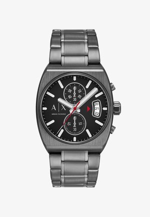 Zegarek na rękę Armani Exchange ze stali nierdzewnej z czarną tarczą, subtarczami chronografu, pokazem daty wskazującym 20-22 oraz srebrnymi znacznikami godzin.