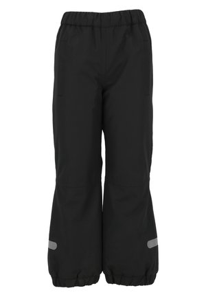 Schwarze wasserdichte Hose mit elastischem Bund, Seitentaschen und reflektierenden Streifen am Saum. Enganliegender Schnitt mit glatter Textur.