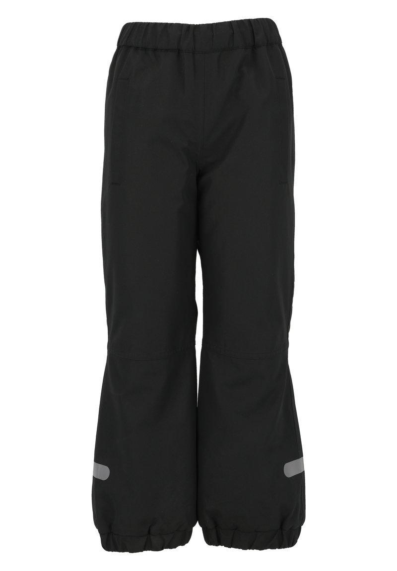 Sorte vandtætte bukser med elastisk talje, sidelommer og reflekterende striber ved kanten. Tapered fit med en glat tekstur.