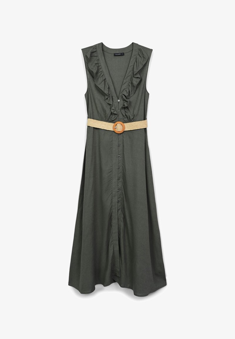 Robe sans manches vert olive avec un col à volants, boutons sur le devant et une ceinture tissée beige dotée d'une boucle circulaire. Design long, en coupe évasée.