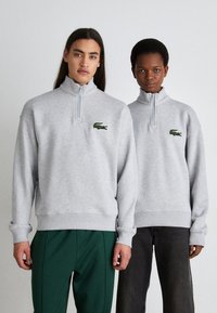 Pelēki zip-up sporta krekli ar ribotām piedurknēm un apakšmalām, ar zaļu izšūtu krokodila logo kreisajā krūtīs.