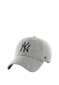 Graue Woll-Baseballmütze mit einem Navy-Logo der New York Yankees, gebogenem Schirm und gestickten Details, mit ‚47‘-Markierung an der Seite.