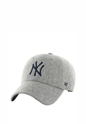 Casquette de baseball en laine grise avec un logo des New York Yankees en bleu marine, visière courbée et détails brodés, avec la marque '47 sur le côté.