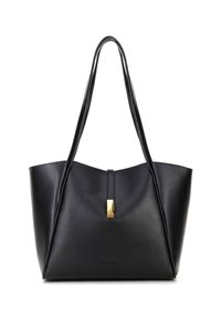 Borsa tote in pelle nera con una texture liscia, forma affusolata e doppie maniglie lunghe. Presenta un accentuazione dorata al centro.