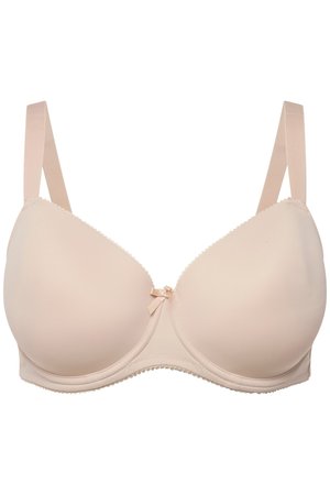 Reggiseno beige chiaro imbottito con ferretto, spalline regolabili e piccolo fiocco decorativo al centro davanti.
