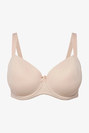 Hellbeiger, gepolsterter Bügel-BH mit verstellbaren Trägern und einer kleinen dekorativen Schleife in der vorderen Mitte.