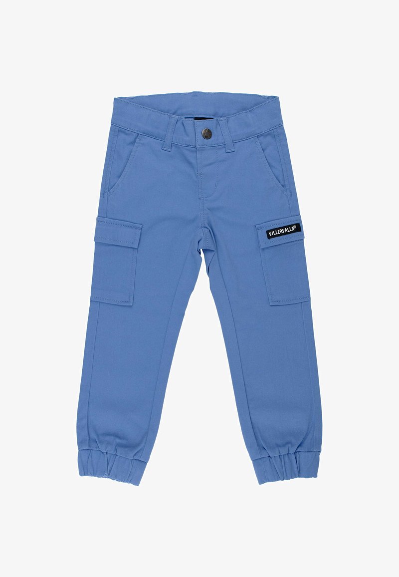 Pantalons cargo bleu clair en tissu doux, avec poches latérales, une taille élastique et une étiquette de marque noire sur la cuisse.