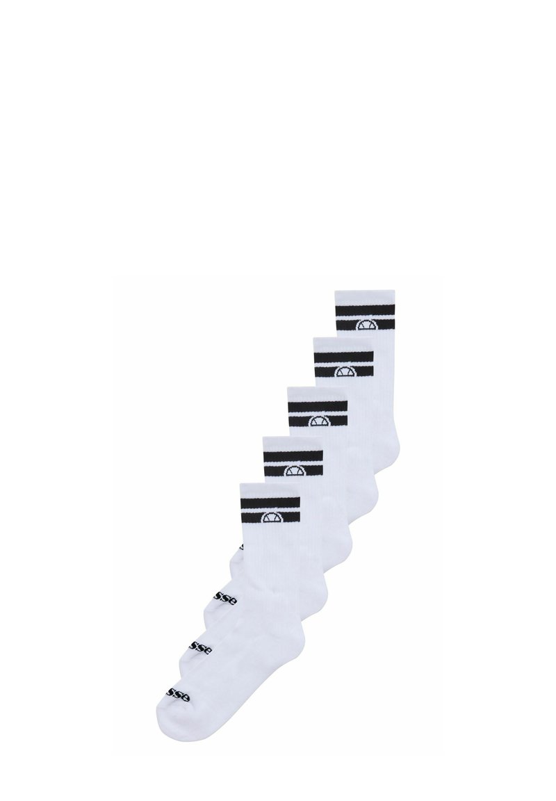 Witte katoenen sokken met een geribde rand, voorzien van twee zwarte horizontale strepen en een logo op de zijkant, met een gladde textuur.