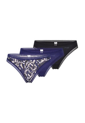 Three pairs of women's underwear: one in dark blue with a pattern, one in solid purple, and one in black, all featuring decorative lace trim.