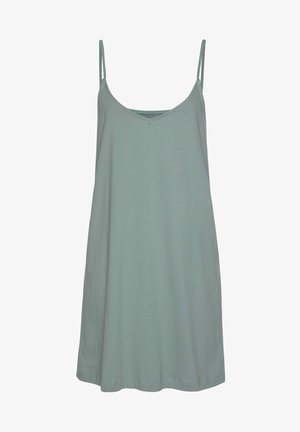 Vestido de tirantes finos en verde claro, con escote en V y un corte relajado. Fabricado en tejido suave, presenta una superficie lisa y sin adornos.