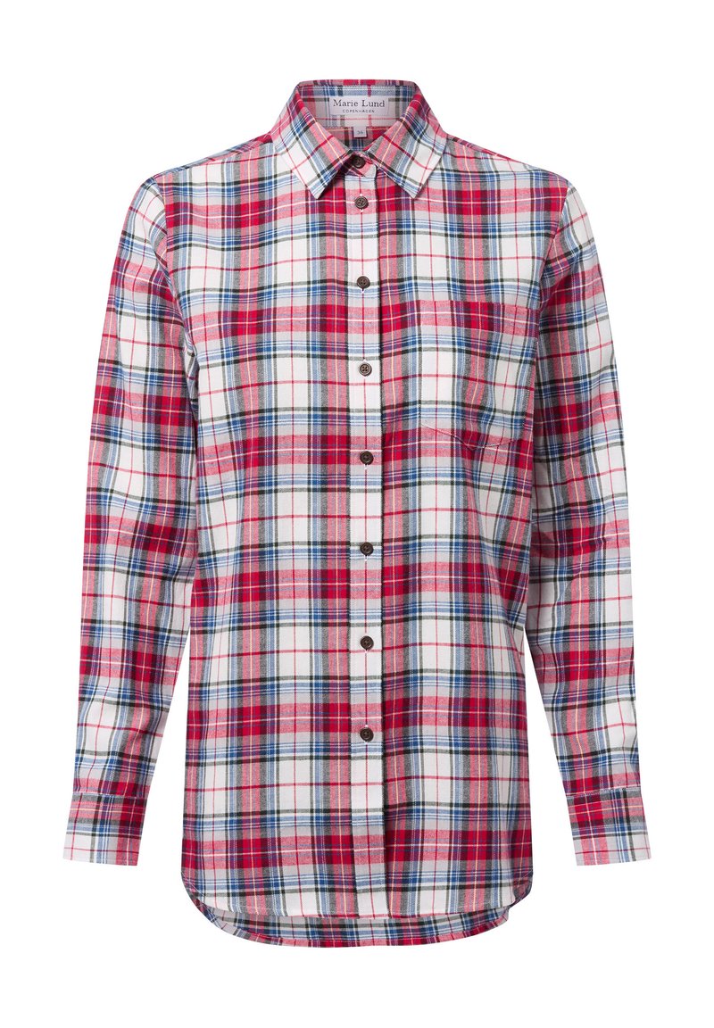 Camicia a quadri rossi e bianchi con dettagli blu; presenta un colletto classico, maniche lunghe e chiusura con bottoni sul davanti. Realizzata in tessuto.