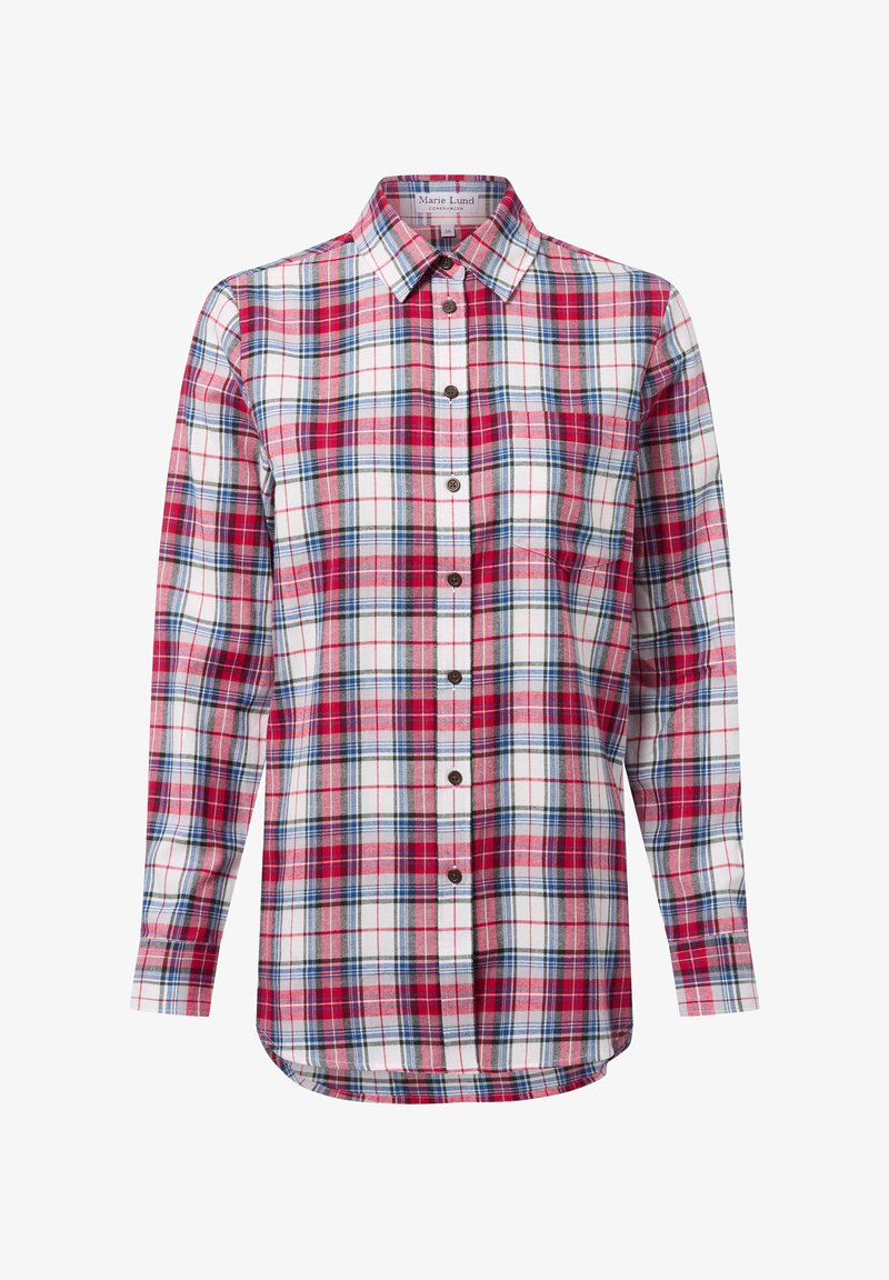 Camicia a quadri rossi e bianchi con dettagli blu; presenta un colletto classico, maniche lunghe e chiusura con bottoni sul davanti. Realizzata in tessuto.