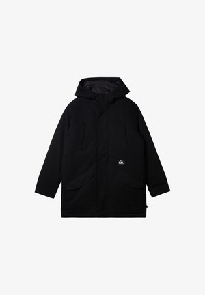 Parka noire avec capuche, dotée d'une fermeture éclair, de deux poches avant et d'un logo sur le côté gauche. Design simple et couleur unie.