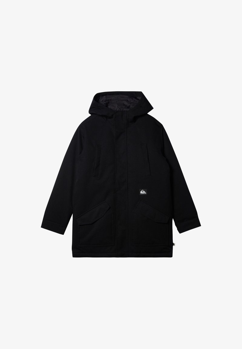 Parka noire avec capuche, dotée d'une fermeture éclair, de deux poches avant et d'un logo sur le côté gauche. Design simple et couleur unie.