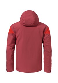 Rote wasserfeste Jacke mit Kapuze, ausgestattet mit kontrastierenden orangefarbenen Schulterakzenten, glatter Textur und einem durchgehenden Rückendesign.