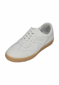 White leather sneaker with a rounded toe, flat laces, and a gum rubber sole. Features a textured side panel and minimal stitching details.