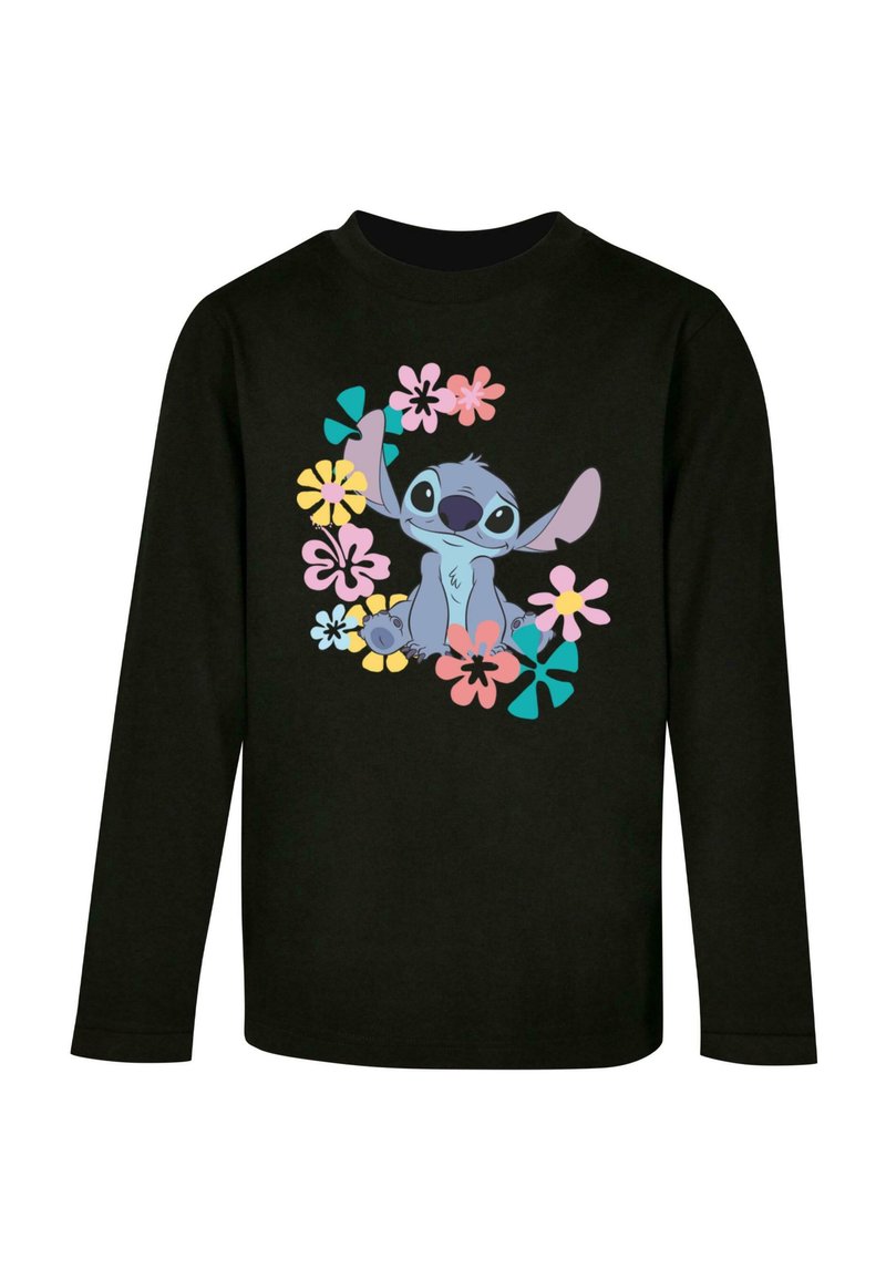 Schwarzes Langarmshirt mit einem zentralen Grafikdesign eines Charakters, umgeben von bunten Blumen in Pink, Gelb und Türkis.