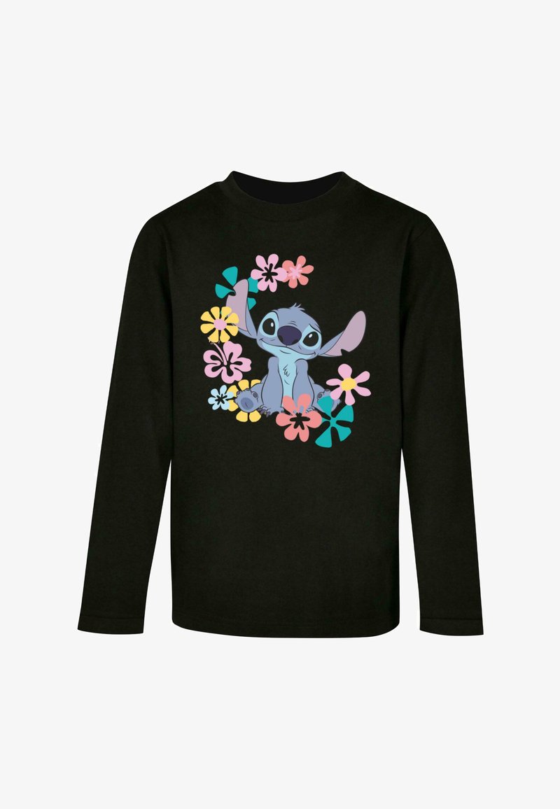 Schwarzes Langarmshirt mit einem zentralen Grafikdesign eines Charakters, umgeben von bunten Blumen in Pink, Gelb und Türkis.