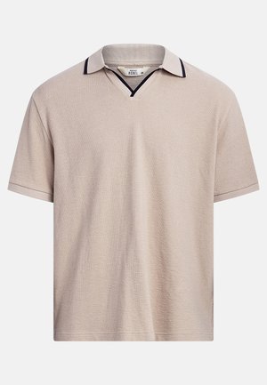 Lühikeste varrukatega beež polosärk tekstuurse kangaga, millel on kontrastne tumesinine krae ja V-kujuline kaelus. Lihtne ja igapäevane disain ilma mustriteta.